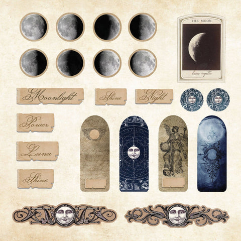Stickers of moon phase illustrations and decorative elements on a textured background