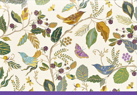 Patterned paper with birds, butterflies, and foliage on a beige background