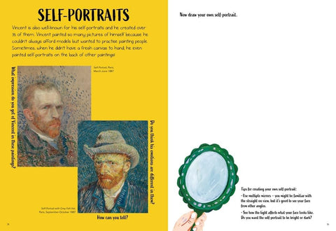 Page from a book or magazine about self-portraits with Van Gogh's portraits and a mirror.