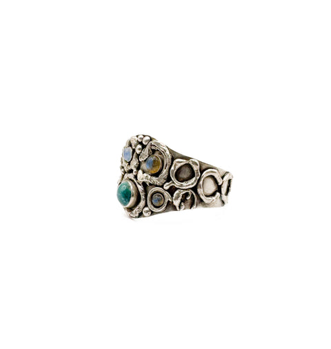 Cuff with Turquoise Stones, Labradorite and Sculpted Circles