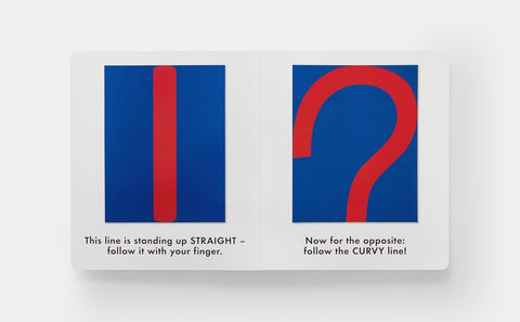 Educational book with blue and red lines and text on a white background