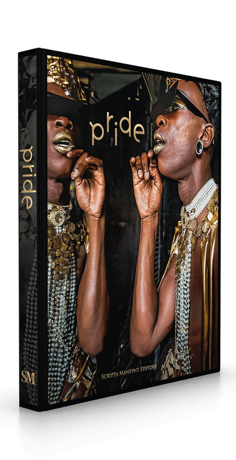 Book for 'pride' with a person wearing gold jewelry on a white background