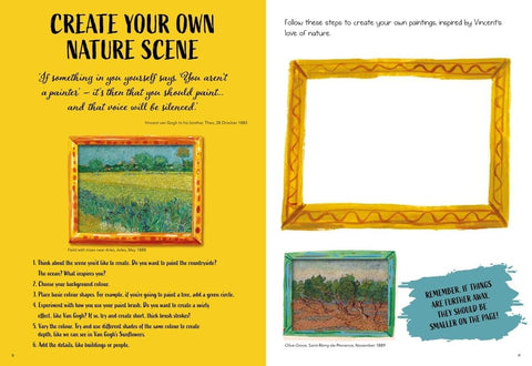 Instructional page on creating a nature scene painting inspired by Van Gogh, with text and illustrations.