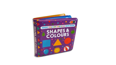 Children's book titled 'Shapes & Colours' with colorful shapes on a purple cover.