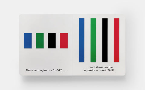 Educational book with color-coded rectangles labeled 'SHORT' and 'TALL' on a white background.