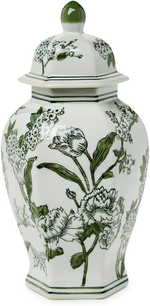 Primrose and Lotus Green and White Chinoiserie Hexagonal Temple Jar with Lid