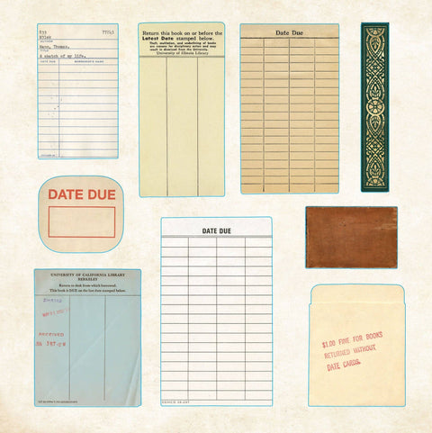 Collection of vintage library due date cards and bookplates stickers on a beige background