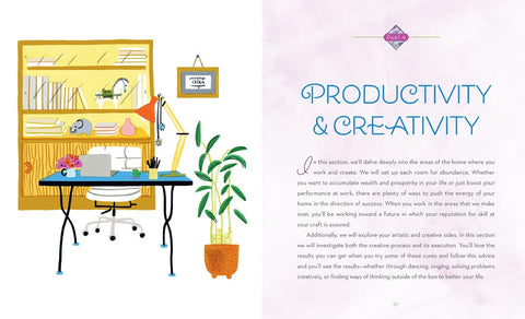 Illustration of a home office with desk, chair, and decor elements, alongside text on productivity and creativity.