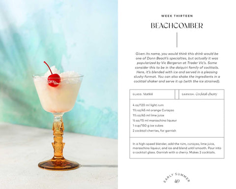 Cocktail recipe for 'Beachcomber' with a glass of cocktail and cherry garnish on a blurred background.