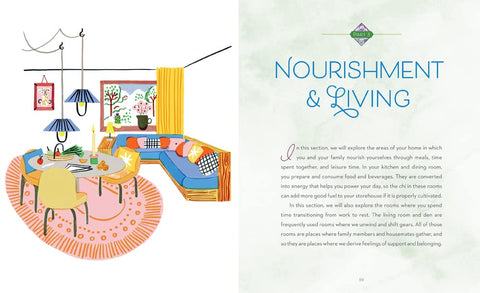 Illustration of a modern living room with furniture and decor, accompanied by text on 'Nourishment & Living'.