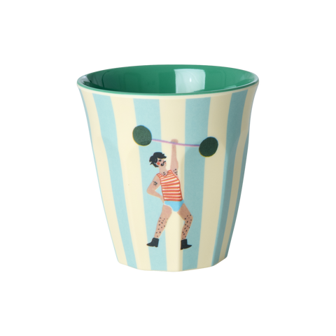 Striped cup with a design of a person lifting weights on a white background