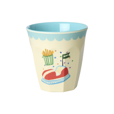 Cup with a design of a hot dog, fries, and a bun on a white background