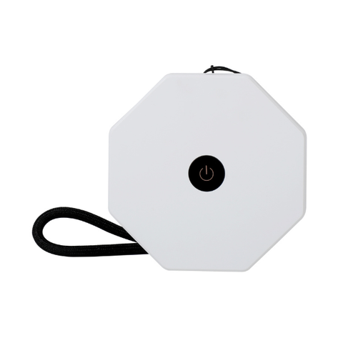 Hexagonal white light with black power symbol on a white background
