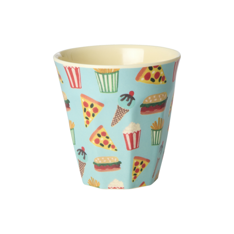 Melamine cup with food-themed pattern on a light blue background