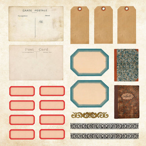 Stickers of vintage-style postcards, tags, and decorative elements on a beige background.