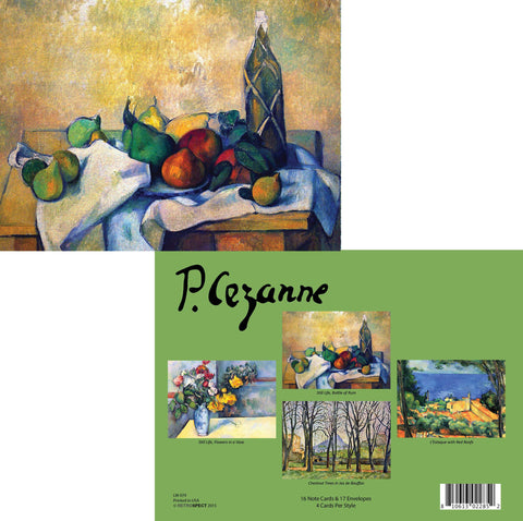 Cover of a note card set featuring still life paintings by Paul Cézanne with a green background.