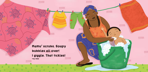 Illustration of a woman bathing a child with clothes hanging on a line in the background.