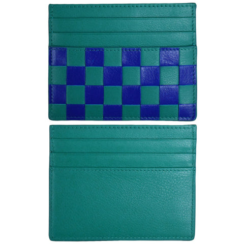 Green and blue checkered cardholder on a white background