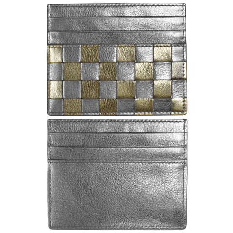 Silver and gold checkered cardholder on a white background