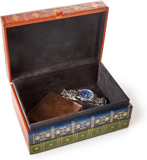Decorative book box with a watch and wallet inside on a white background