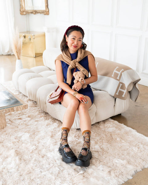 Teddy Bear Ruffle Black Sheer Crew Sock