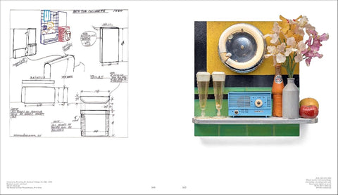 Technical drawing of a bathroom layout on the left, with a decorative shelf on the right featuring a clock, bottles, and fruit.