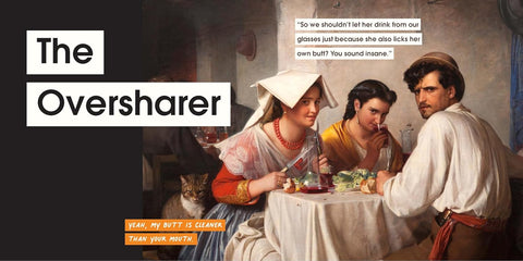 Artistic depiction of a scene with text overlay 'The Oversharer' and humorous dialogue.