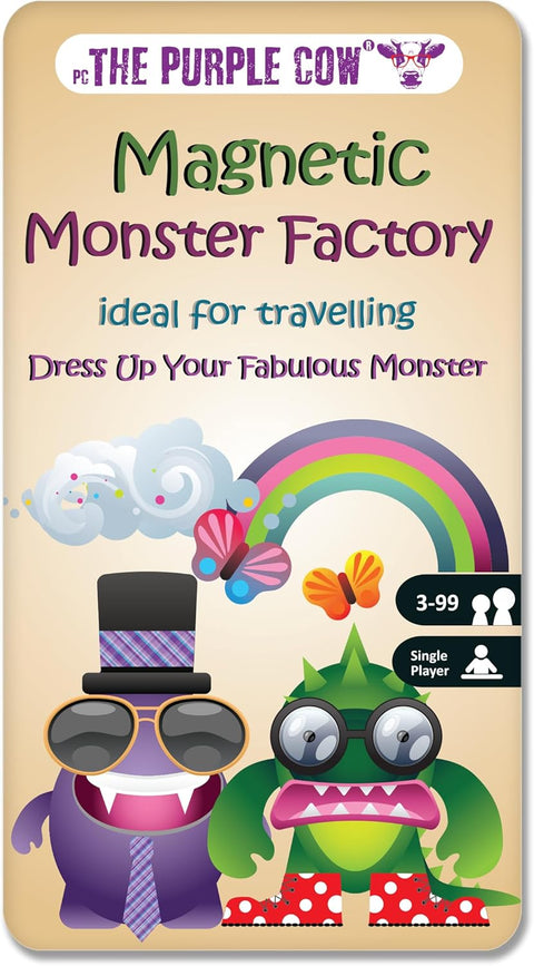 Packaging from The Purple Cow with two colorful monsters and text about a magnetic monster factory.