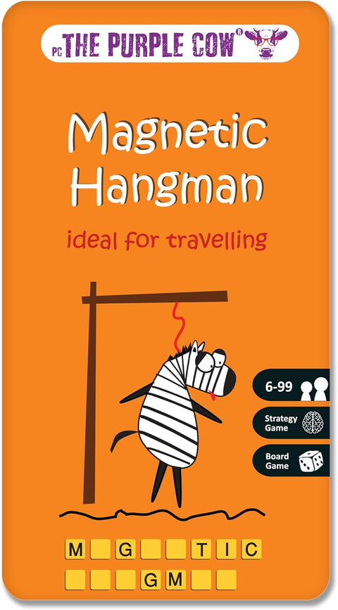 Orange card with 'Magnetic Hangman' game packaging featuring a zebra and text.