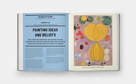 Book pages with Hilma AF Klint description and illustration. 