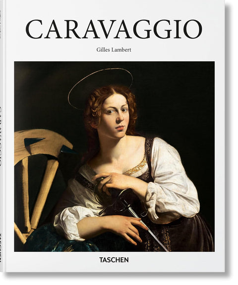 Book cover of 'Caravaggio' by Gilles Lambert with a painting of a woman holding a sword.