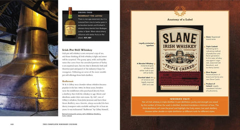 Book pages with Slane Irish Whiskey label and on the left whiskey still and brand details.