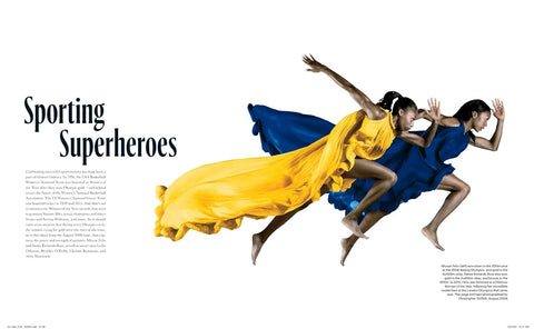Two women in superhero costumes with a yellow cape and blue dress, with text 'Sporting Superheroes' on a white background.