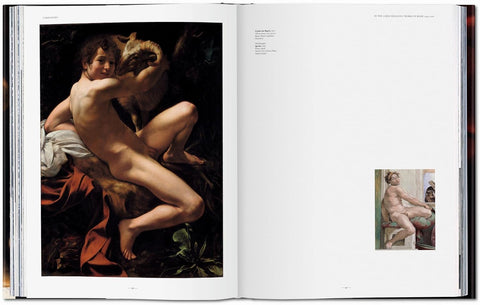 Open book showing classical painting of a nude figure with an animal, on a white background.