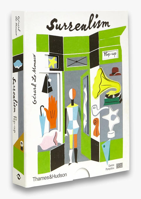 Surrealism pop-up book with colorful illustrations on a white background