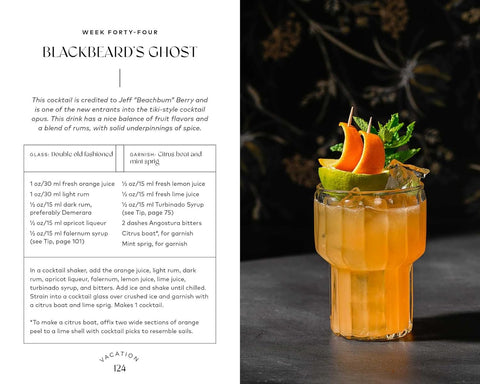 Cocktail recipe for 'Blackbeard's Ghost' with a glass of the cocktail on a dark background.