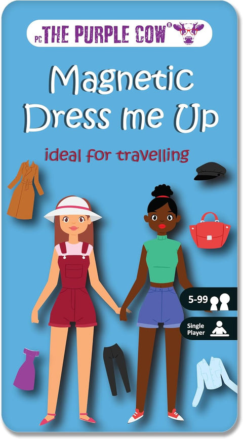 Packaging for 'Magnetic Dress me Up' game by The Purple Cow, featuring two dolls and magnetic accessories on a blue background.