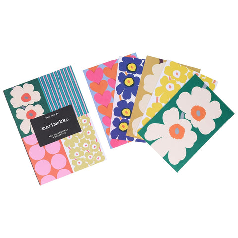 Set of colorful Marimekko postcards with floral designs on a white background