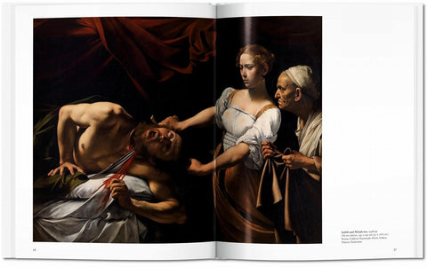 Open book showing a classical painting of a woman holding a knife to a man's neck.