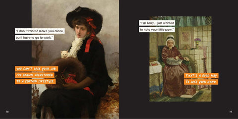 Two vintage-style paintings with text overlays on a dark background