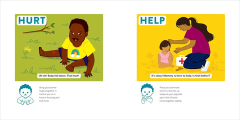 Illustrations of a child falling and being helped by an adult, with text labels 'HURT' and 'HELP'.