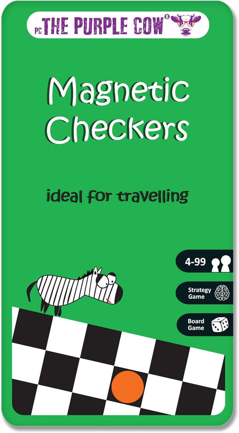 Green packaging of Magnetic Checkers with a zebra illustration and checkered pattern.