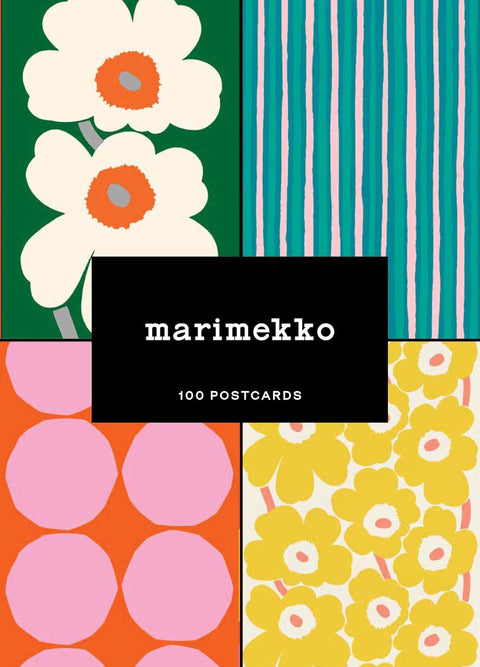 Marimekko postcard book with colorful patterns and brand name.