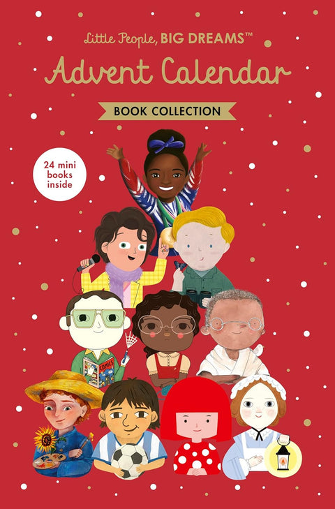 Advent calendar book collection with illustrations of cartoons on a red background