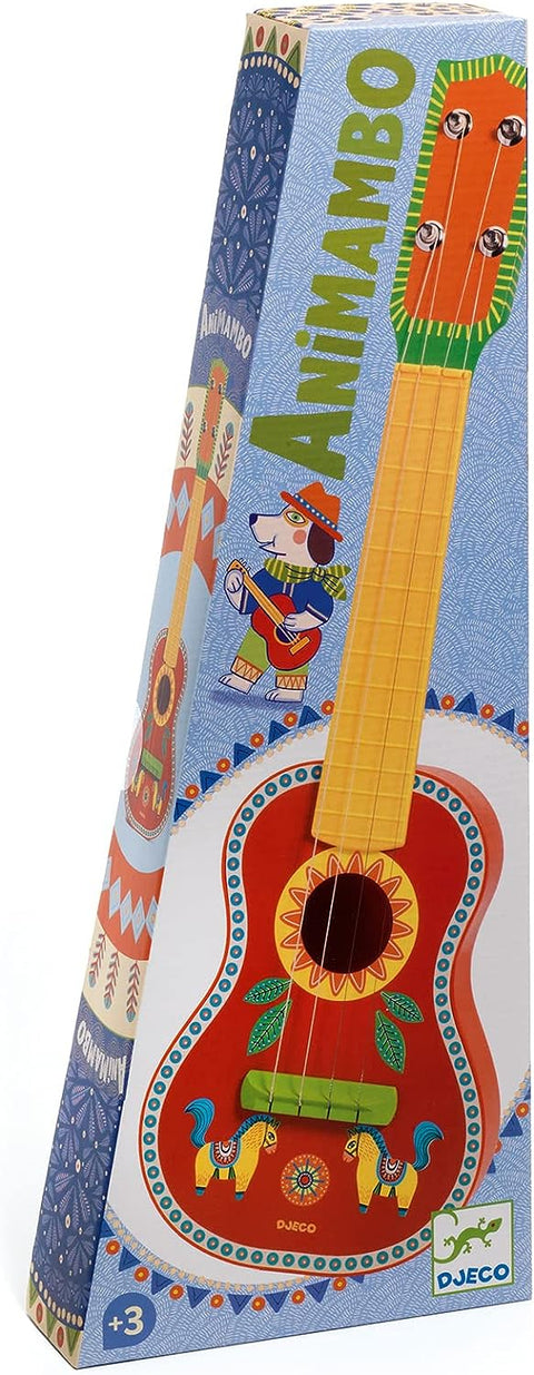 Children's wooden ukulele with colorful animal artwork in a box with a white background.