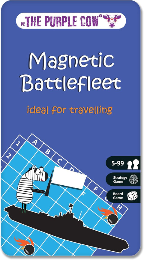 Card game packaging for 'Magnetic Battlefleet' by The Purple Cow on a blue background.