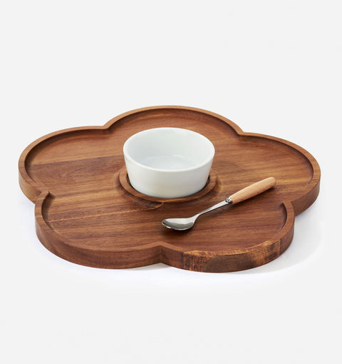 Wood and Ceramic Serving Tray Bowl and Spoon Set