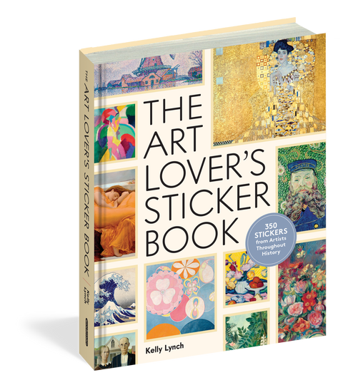 Book titled 'The Art Lover's Sticker Book' by Kelly Lynch with colorful art images on the cover.