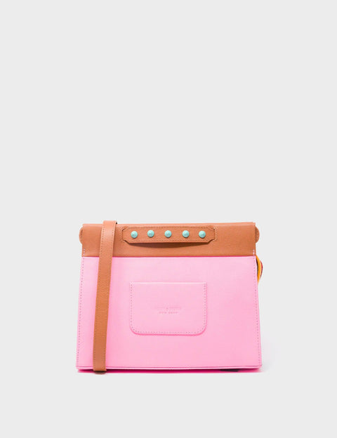 Pink bag with brown strap and accents on a light gray background
