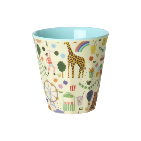 Children's cup with colorful animal and object pattern on a white background